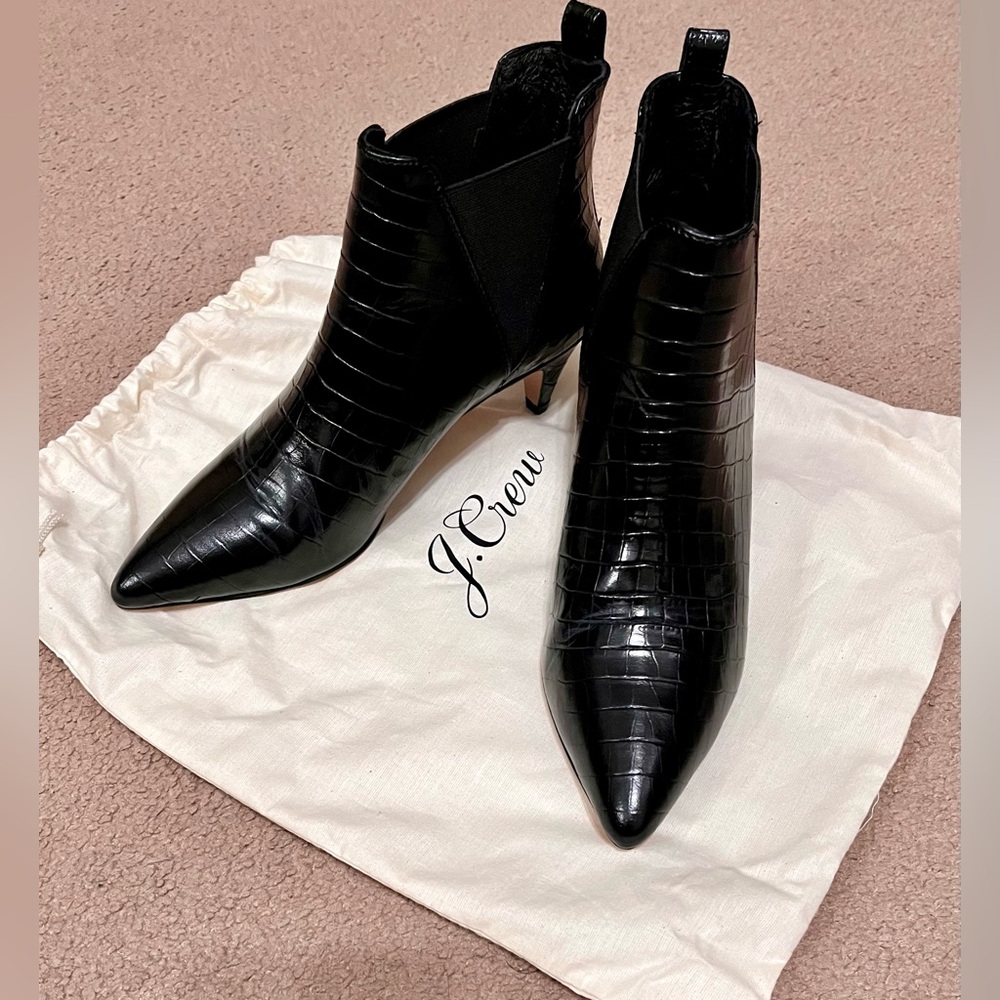 J. Crew Kitten Heel Boots in Croc-Embossed Leather